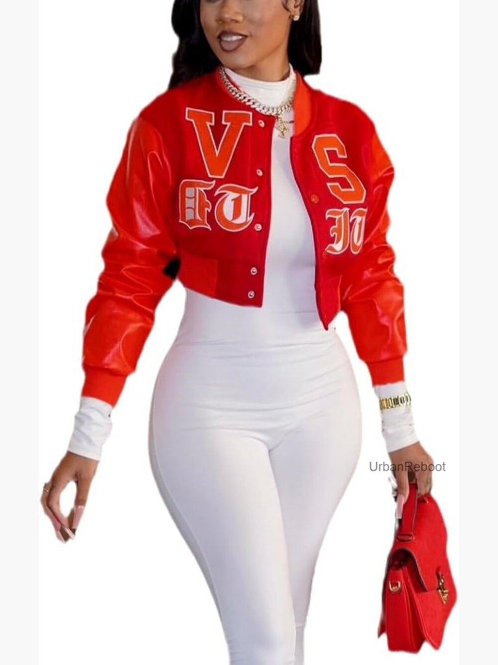 Cropped Faux Leather Varsity Jacket with Embroidery